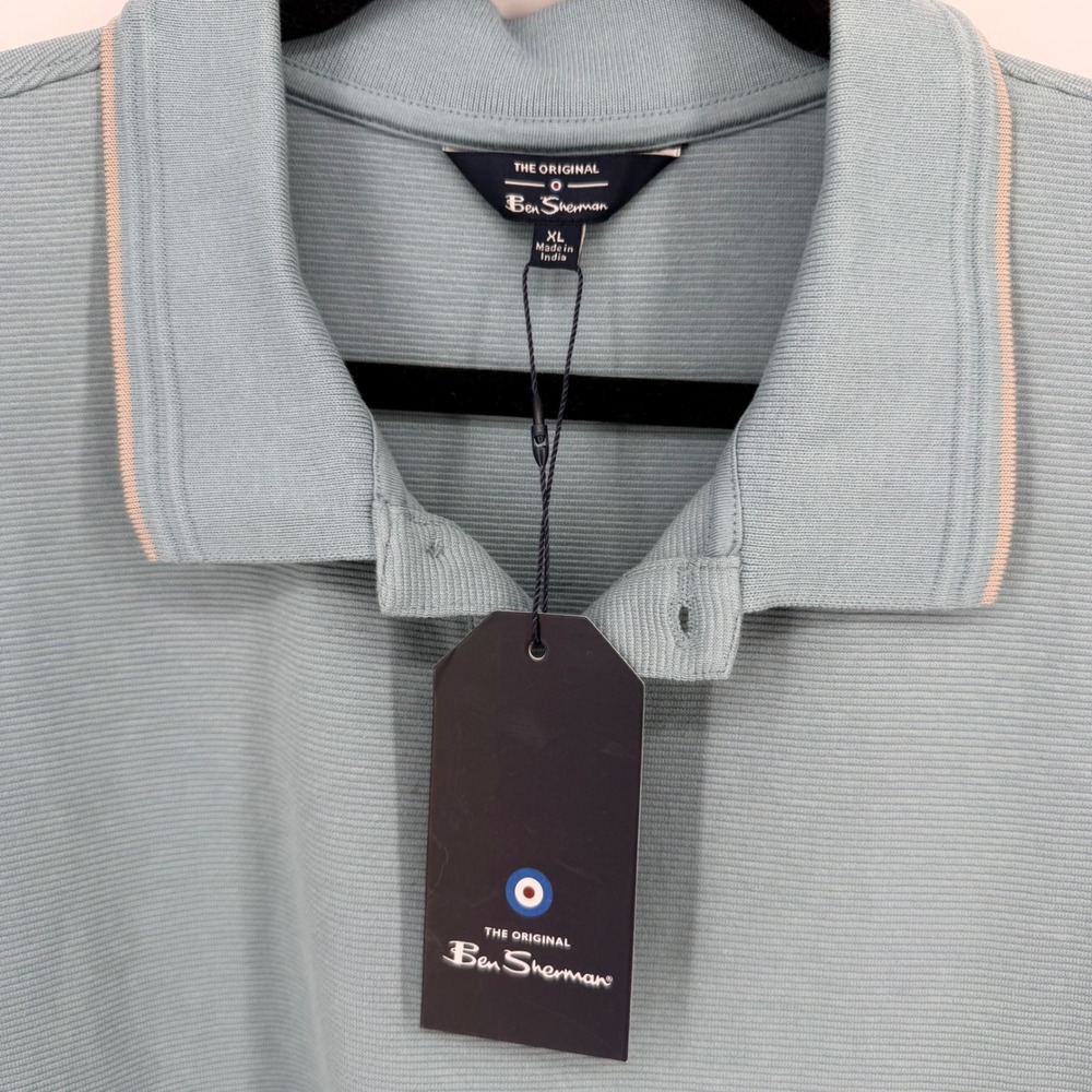Ben Sherman Cotton Blend Polo Shirt Mens XL Smoke Blue New Textured Short Sleeve - Picture 2 of 7